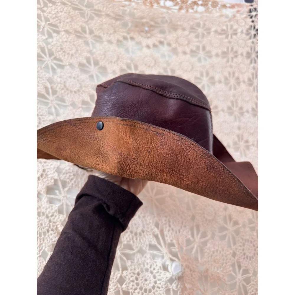 Vintage‎ 70's Brown Leather Rancher Hat Snap Up Brim Western Cowboy S